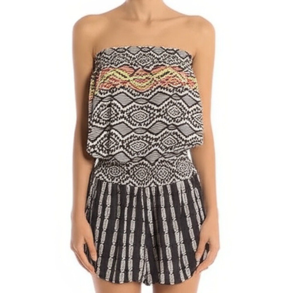 Strapless Black & White Patterned Romper with Neon Accent